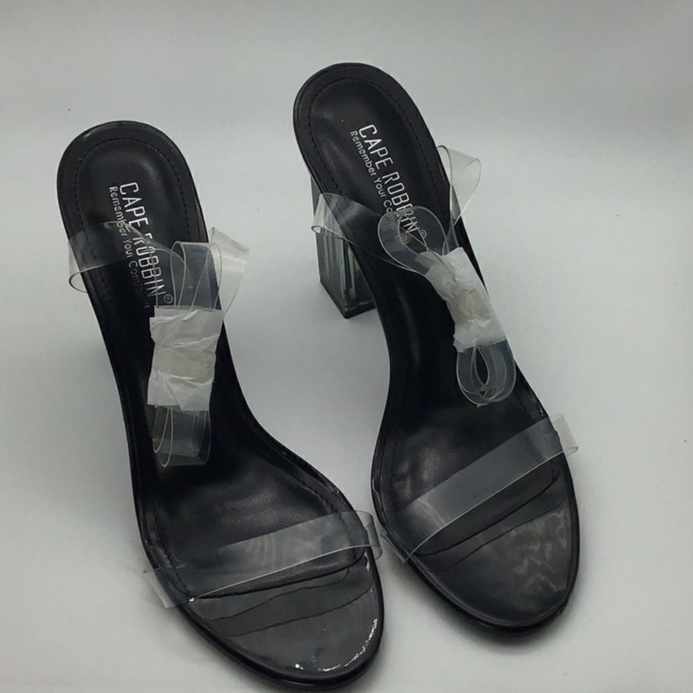 Clear Slip On Cape Robbin Heel Sz 10 Acrylic Black Lucite Ankle Strap Sandal NEW - Picture 4 of 11